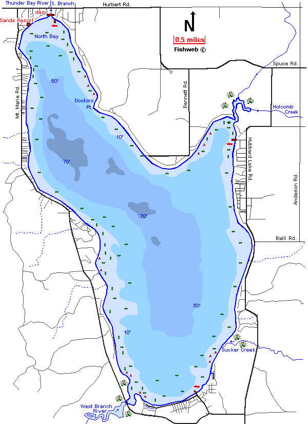 Hubbard Lake Map Alcona County Michigan Fishing Michigan Interactive™