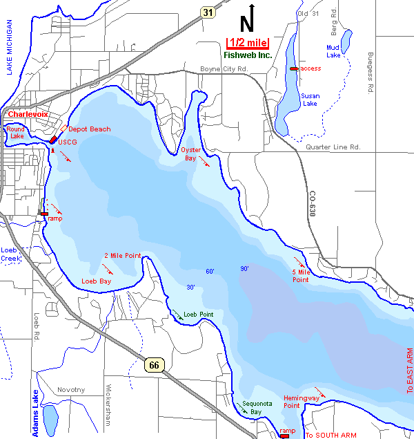 Lake Charlevoix Map West Arm Charlevoix County Michigan Fishing ...