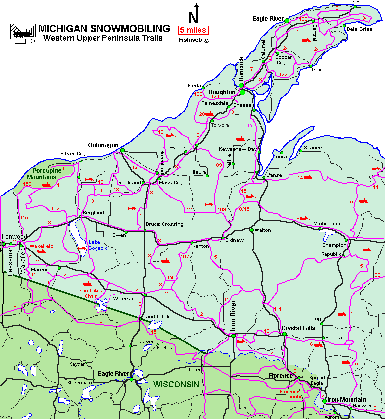 map of the up Michigan Snowmobiling Western Upper Peninsula Snowmobile Trail map of the up